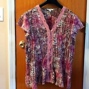 Dress Barn Button Down Blouse, Size 1X, Floral/Leopard Print (B2)
